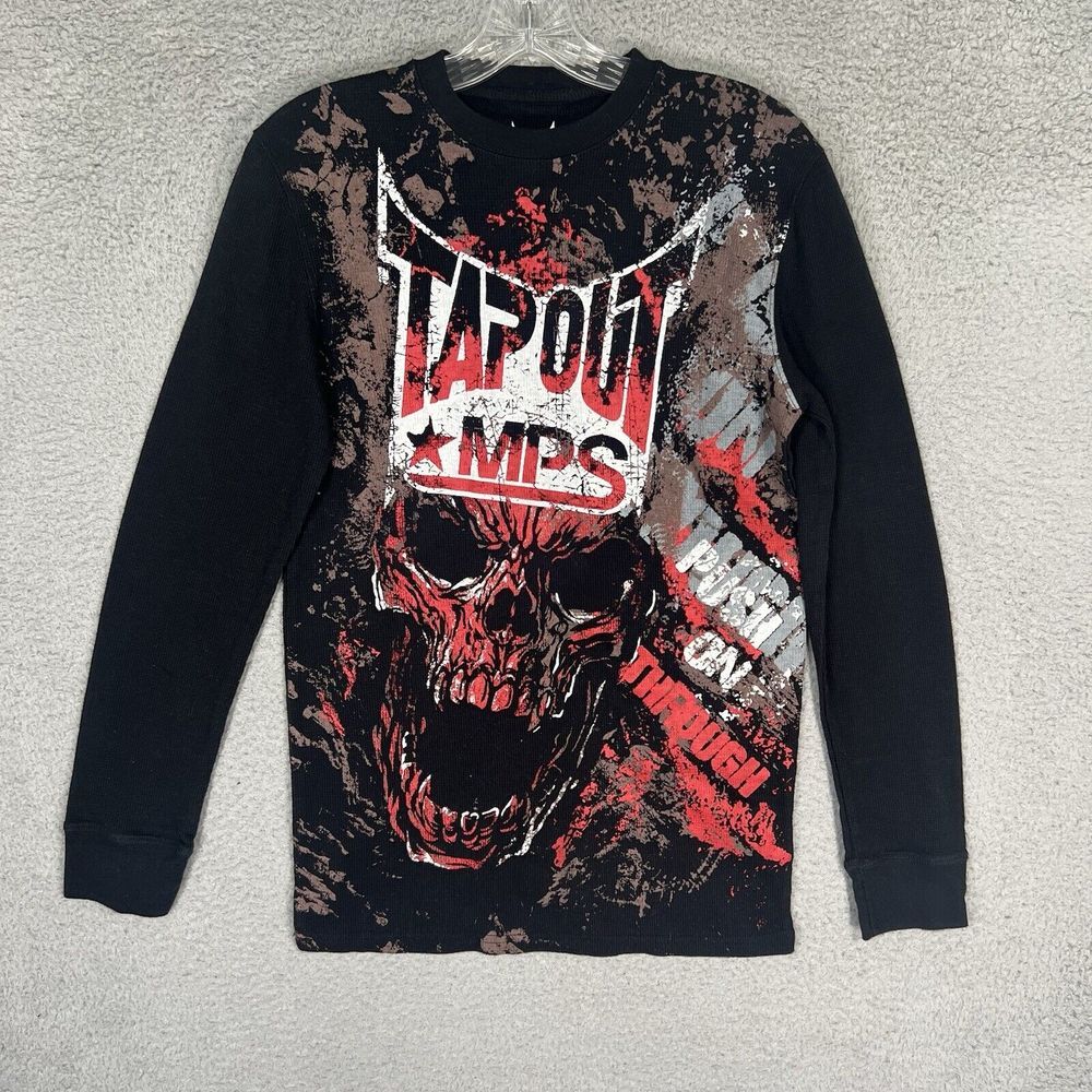 Tapout Black Long Sleeve Graphic Skull Tee with Red and White Accents